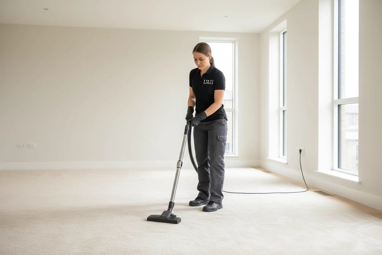 LWR Group cleaner carpet-cleaning an empty rental property in Lincoln ahead of check-in