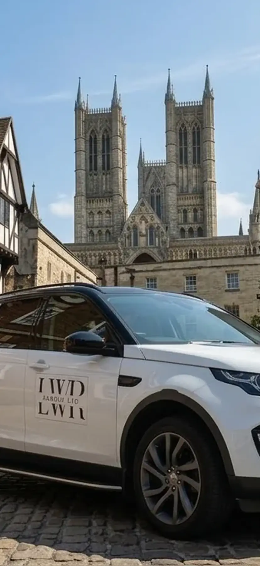 LWR Group branded vehicle in front of Lincoln Cathedral, Lincoln's number one property maintenance company serving landlords, letting agents and homeowners across Lincolnshire