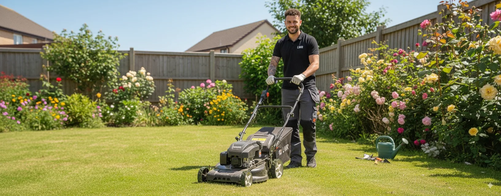 LWR Group gardener mowing a lawn in a Lincoln back garden