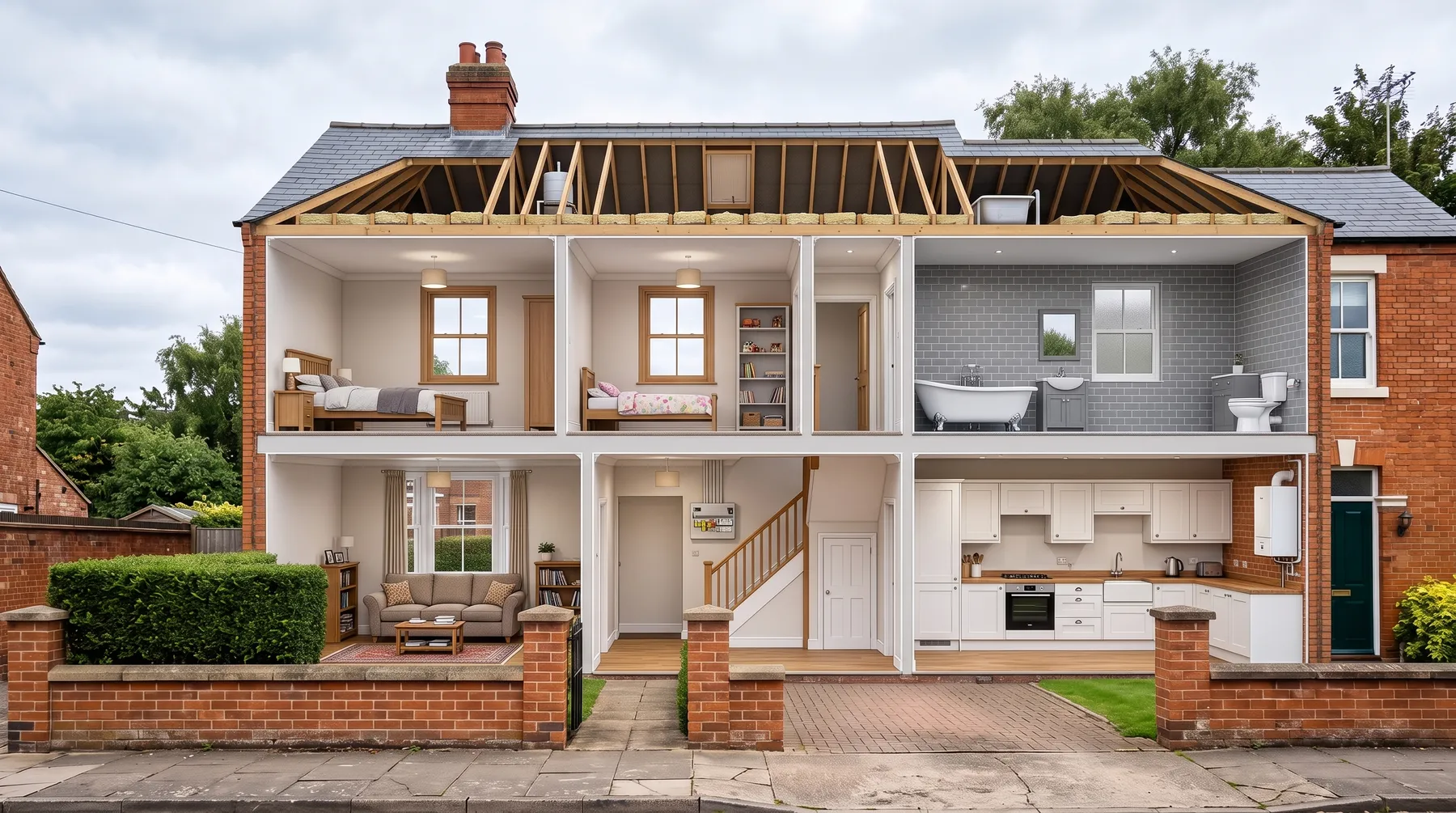 Cutaway view of the same Lincoln property showing every room inside