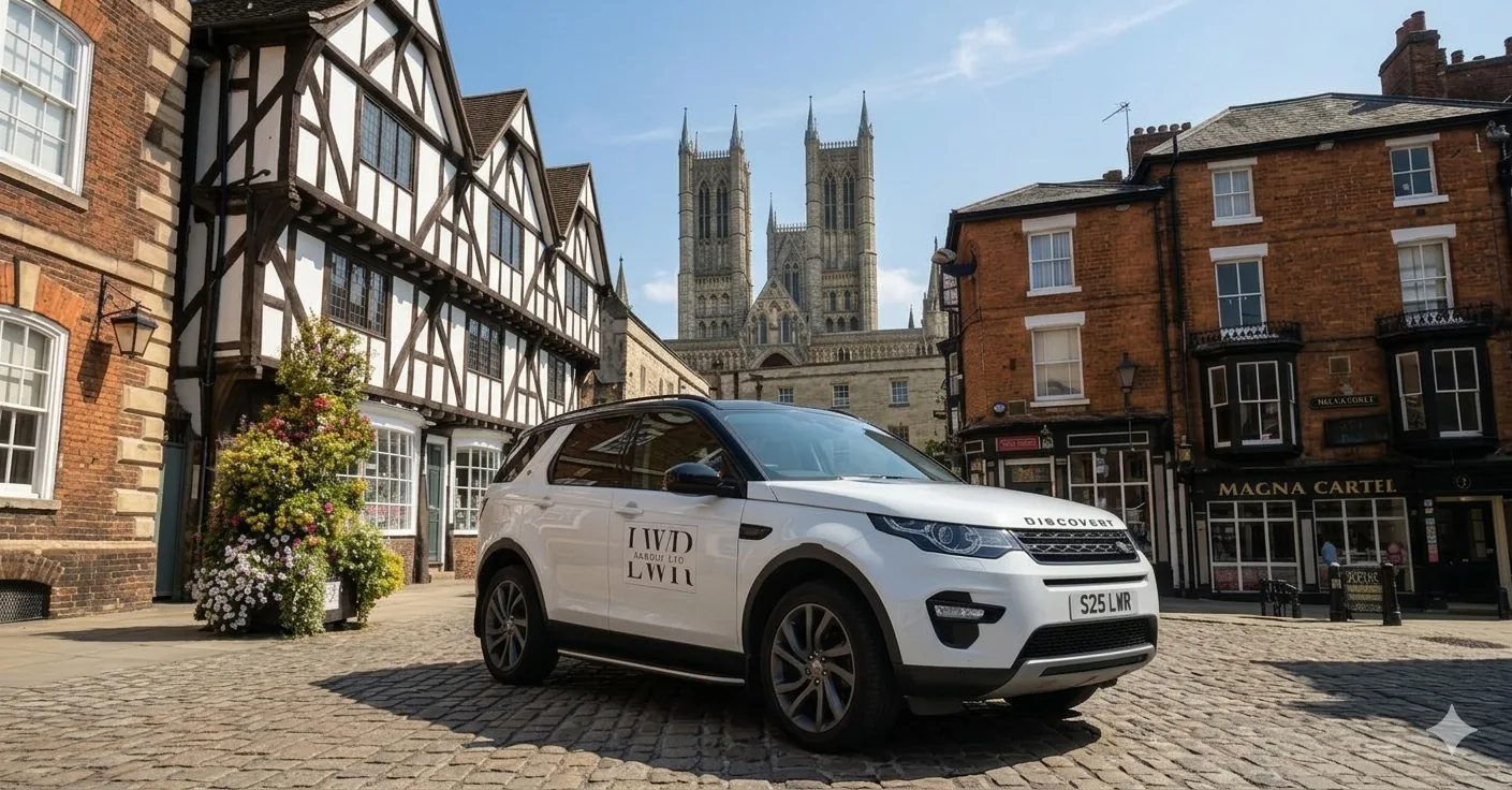 LWR Group branded vehicle in front of Lincoln Cathedral — Lincoln's number one property maintenance company serving landlords, letting agents and homeowners across Lincolnshire